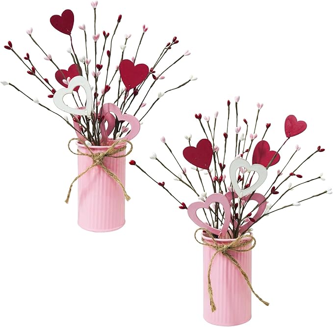 TORONTOKYO Valentines Day Decor, 6 Pack Valentine's Day Artificial Potted Plant Heart Shaped Valentines Day Picks with Berries Metal Pot for Home Office Table Centerpiece Decor