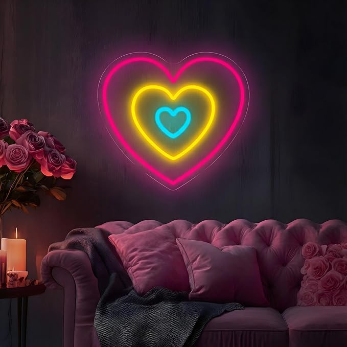 Heart Neon Sign for Wall Decor, Aesthetic Triple-Layer Heart LED Neon Light with Soft Colorful Glow for Bedroom & Romantic Night, Modern Neon Wall Art for Valentine’s Day Decorations 13.8"x12.6"