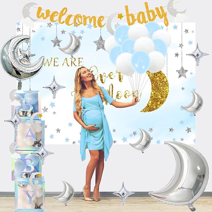 154 PCs Over The Moon Baby Shower Decorations, Fiesec We Are Over The Moon Baby Shower Decorations Backdrop Balloon Garland Glitter Banner Cake Cupcake Topper Boxes Cutout Starry Night Galaxy Sliver
