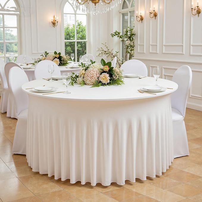 6 Pack Ivory Spandex Round Tablecloths for 60 inch Tables, Wrinkle Free Stretchy Fitted 120inch Round Table Covers 5FT with Ruffle Table Skirt for Wedding Party Dining Banquet Dinning