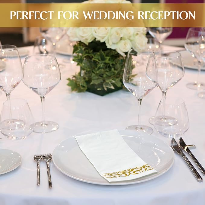 Vplus 600 Pack Paper Napkins Guest Towels Disposable Premium Quality 3-ply Dinner Napkins Disposable Soft, Absorbent, for Kitchen, Wedding, Parties, Dinners or Events(Gold)