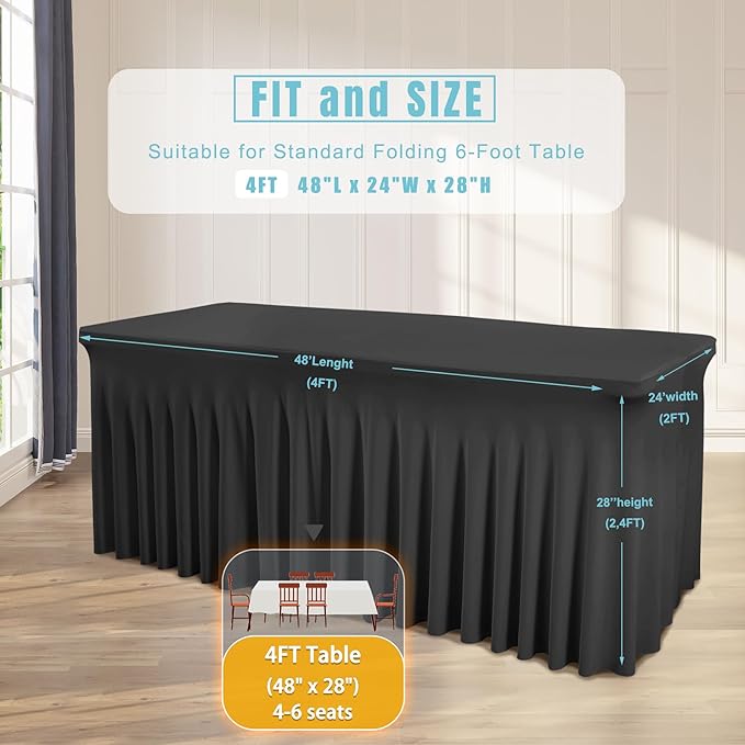 2 Packs Black Table Clothes for 4 Foot Rectangle Tables, Wrinkle Resistant Stretch Spandex Table Covers Fitted Tablecloth with Skirt for Event Banquet Wedding Birthday Party