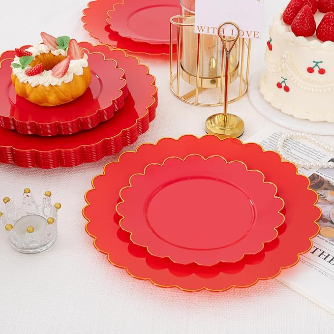 Supernal 100pcs Red Plastic Plates,Fancy Disposable Plates Heavy Duty,Red and Gold Party Supplies Including 10.25’’ Dinner & 7.5’’ Dessert Plastic Plate,Elegant Disposable Plate Suit for Party,Wedding