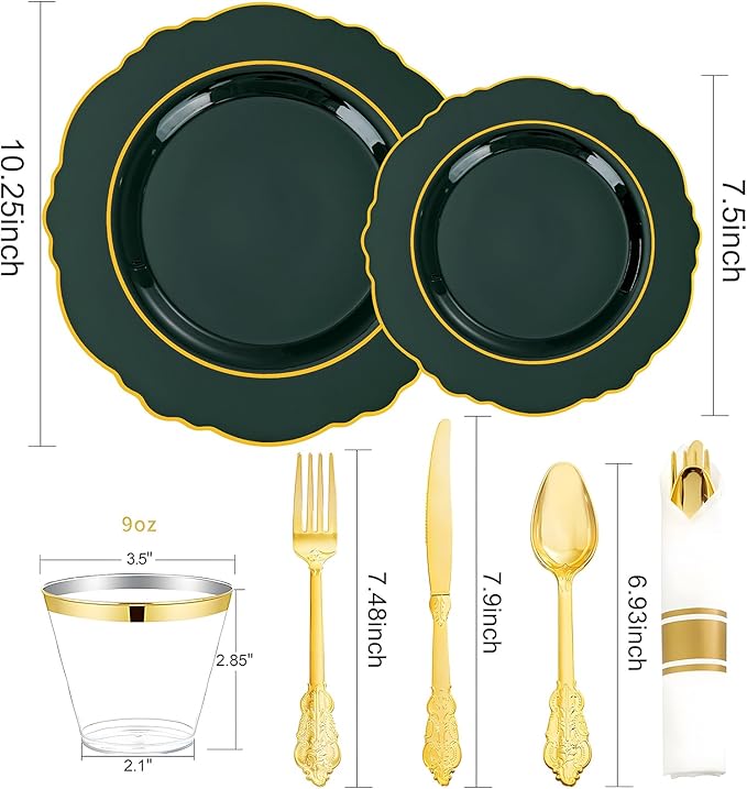 Liacere 175PCS Green Plastic Plates - Christmas Green Disposable With Gold Rim - 25Guest Baroque Plastic Dinnerware include 50Plates-25Pcs Pre Rolled Napkins with Silverware 25Cups for Christmas Day