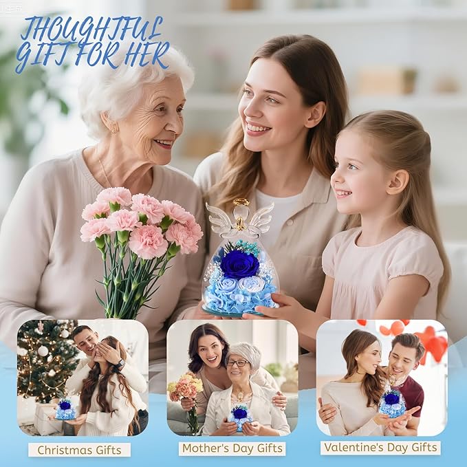 Flowers for Delivery, Valentines Day Decorations Birthday Gifts for Mom Grandma Women, Preserved Rose Forever Flower in Glass Angel Figurines Real Fresh Bouquet for Wife Sister Her Daughter