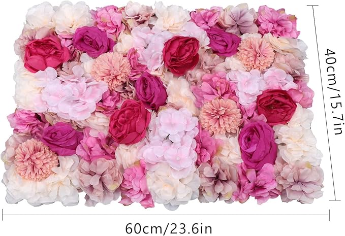 6 Pcs Flower Wall Panel Floral Backdrop, Artificial Flower Wall Backdrop Faux Flower Panel, Flower Wall Decor 23.6" X 15.7" Silk Rose Wall for Wedding, Party, Nursery, Baby Girl Room, Home Decor