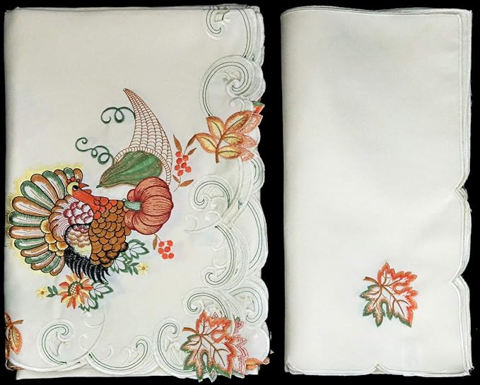 Creative Linens Fall Harvest Thanksgiving Tablecloth, Embroidered Turkey Pumpkin Maple Leaf Table Linen for Holiday Decoration, 68” Square with 8 Napkins Ivory