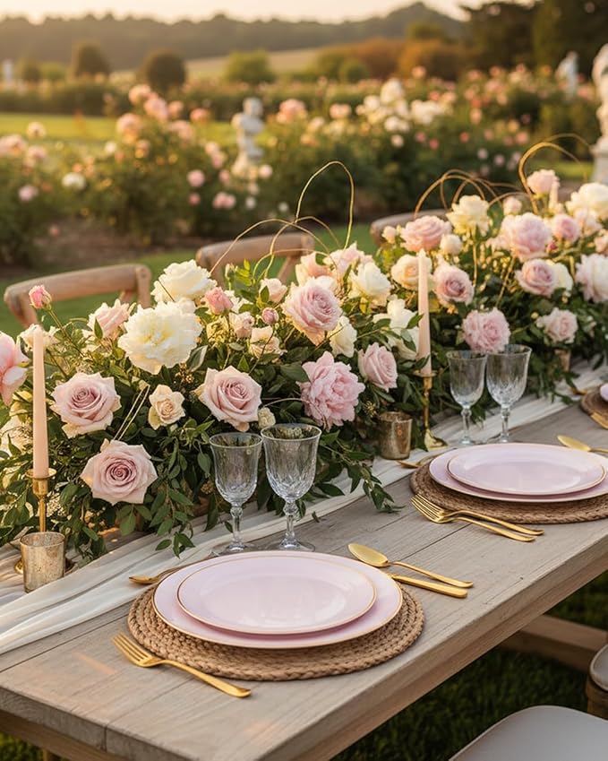 PULOTE 100PCS Pink Plastic Plates - Heavy Duty Pink and Gold Disposable for Party, Wedding, Valentines & Galentines Day, Include 50 Each (Dinner & Dessert) Plates