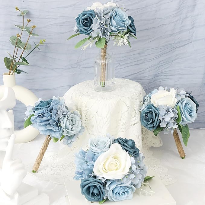 Artificial Bridesmaid Bouquets Set of 6-7 Inch Silk Bouquets for Bridesmaids, Pre-Made Small Wedding Bouquet Fake Flowers for Bridal Shower, Table Centerpieces, PartyDecor - Dusty Blue