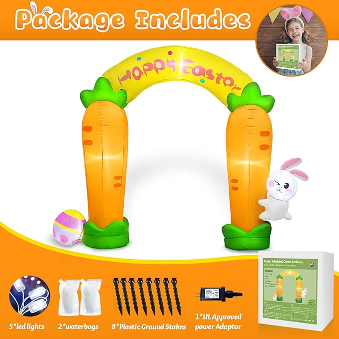 MICOCAH 9FT Long Easter Inflatables Archway Outdoor Decorations, Easter Inflatable Bunny Carrot Arch with Colorful Egg Built-in LEDs Blow Up Yard Decoration for Easter Decor Holiday Party Garden Lawn