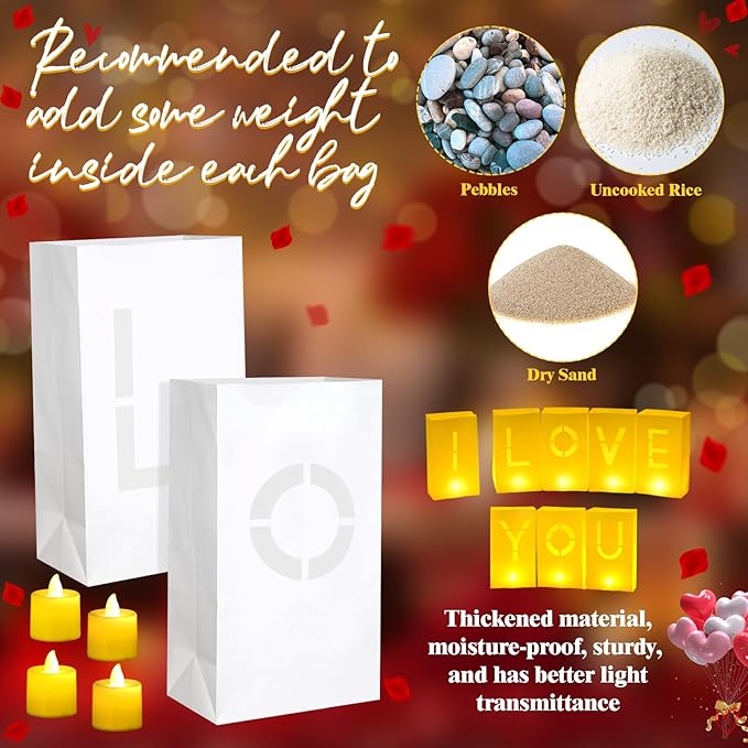 6080 Pcs I Love You Light up Letters with LED Flameless Tealight Candle Red Rose Petal Letter Luminary Paper Bag for Valentine's Day Decorations Anniversary Proposal Romantic Special Night Decor