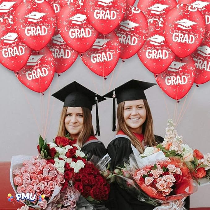 PMU 100 Pcs Red Graduation Balloons Class of 2025 with All-Over Print White Grad Caps-Confetti and Streamers | Graduation Party Supplies | Congratulations Grad Latex Balloons Latex