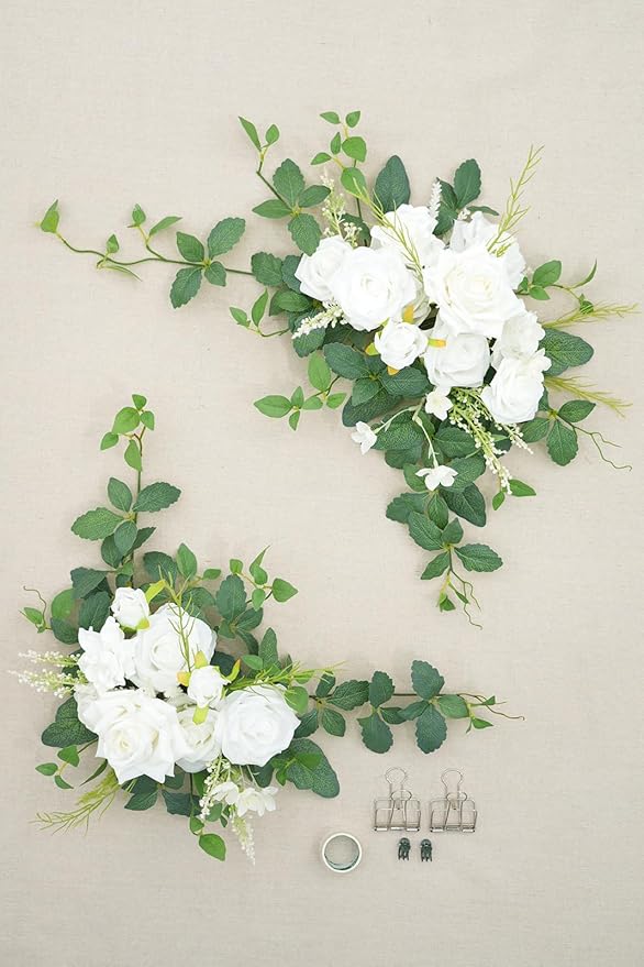 2pcs White Green Mint Leaves Deluxe Welcome Sign Artificial Flowers Wedding Backdrop Garland Hanging Floral Arrangements for Ceremony Reception Entryway Board Sweetheart Table