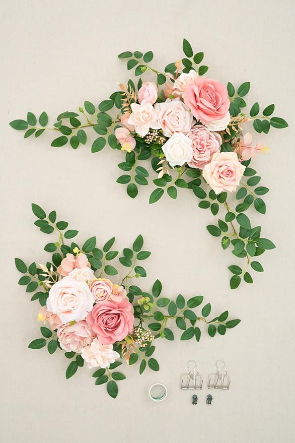 2pcs Dusty Pink Artificial Flower Swags Decor Wedding Welcome Sign Easel Board Rose Eucalyptus Garland for Outdoor Party Ceremony Backdrop Reception Entryway Table Decor Faux Floral