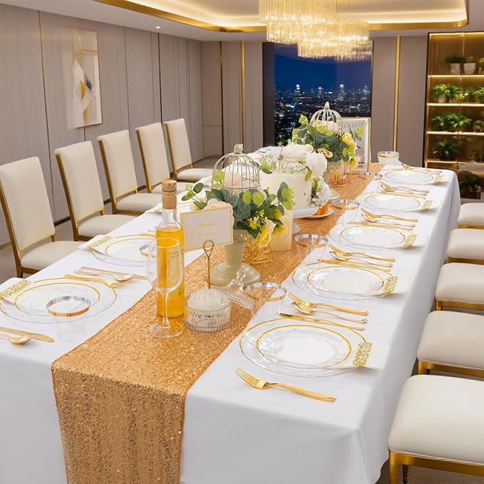 LIYH 700 Pcs Gold Plastic Dinnerware Set for 100 Guests, Disposable Plastic Wavy Clear Plates for Wedding Include 100 Dinner & Dessert Plates, 100 Napkins, 100 Cups, 100 Cutlery for Party Birthday