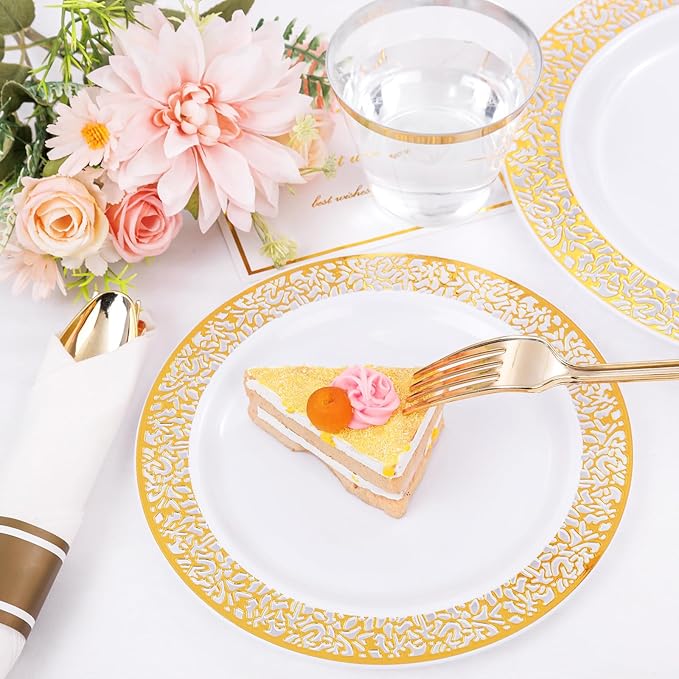 DaYammi 210 PCS Gold Plastic Plates, Gold Plastic Dinnerware Sets, Includes: 30 Dinner Plates, 30 Salad Plates, 30 Pre Rolled Napkins with Gold silverware,30 Cups 9 OZ, Perfect for Wedding and Party
