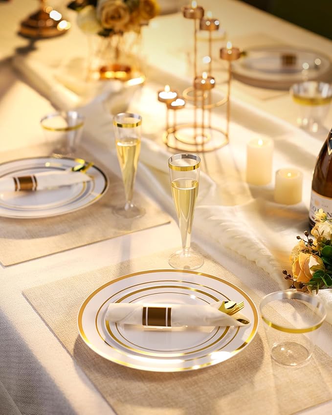 Goodluck 200PCS Gold Disposable Plastic Dinnerware Set for 25 Guests, Include 25 Dinner Plates, 25 Dessert Plates, 25 Napkins with Silverware, 25 Cups, 25 Champagne Glasses, for Christmas, Wedding