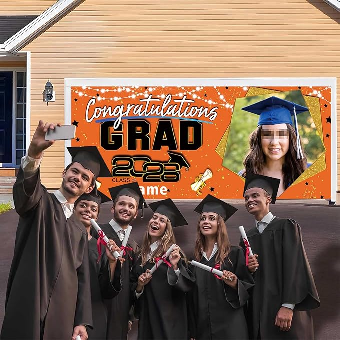 Custom Garaduation Garage Door Banner Cover 16 x 7 ft Class of 2026 Congrats Grad Party Backdrop Personalized Graduation Decoration(Orange and Black)