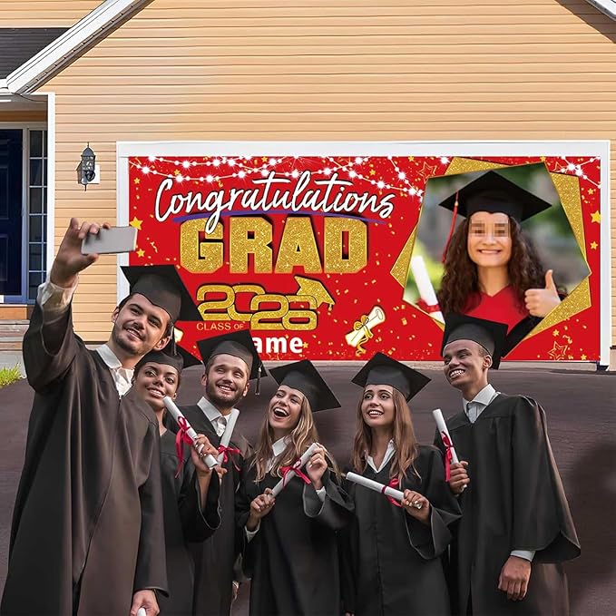 Custom Garaduation Garage Door Banner Cover 16 x 7 ft Class of 2026 Congrats Grad Party Backdrop Personalized Graduation Decoration(Red and Gold)