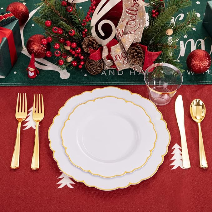 Morejoy 175PCS Gold Plastic Plates,White Gold Disposable Plates with Pre Rolled Napkins:25 Dinner Plates,25 Dessert Plates,25 Spoons,25 Forks,25Knives,25Cups,25Napkins for Party & Christmas