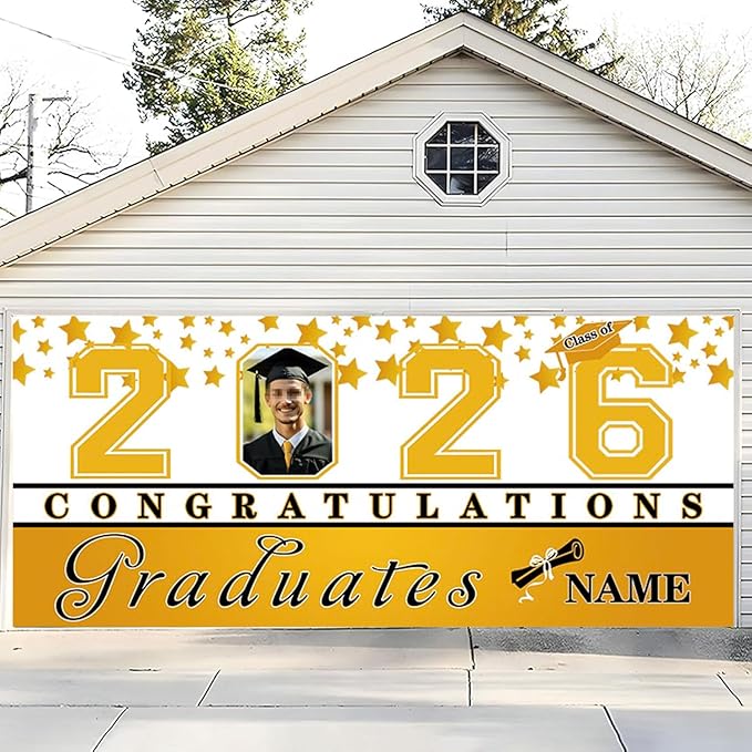 Custom Photo Graduation Garage Door Banner Personalized 2026 Grad Banner 7x16ft Porch Door Sign Decoration Outdoor Photo Booth Backdrop Party Supplies(Yellow and White)