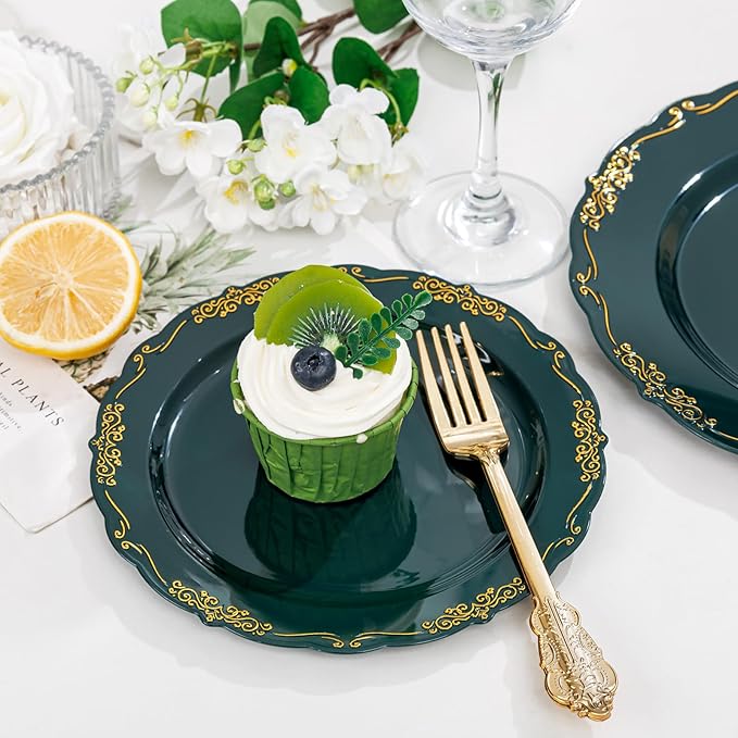 DaYammi 150Pcs Green Plastic Plates with Gold Silverware,Green Disposable Plates for Party include 30 Dinner Plate,30 Dessert Plate,90 Gold Plastic Cutlery,green gold plate for St. Patrick's Day Party
