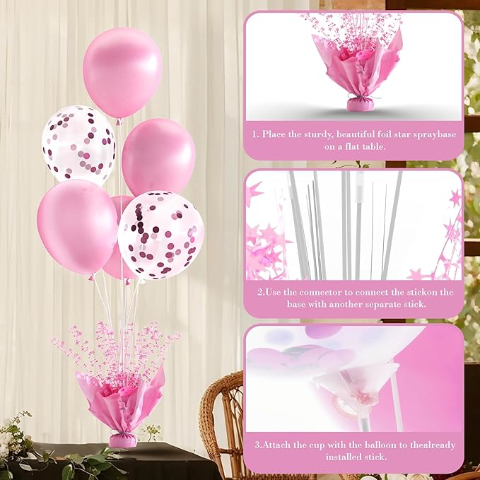4 Set Pink Table Balloons Foil Spray Centerpiece with Pink and Confetti Balloons Stand Kit for Birthday Party Girls Baby Shower Wedding Bridal Shower Prom Graduation Table Decorations