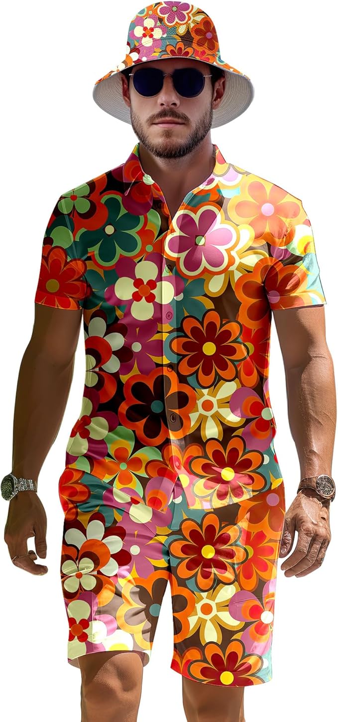 Men's 2 Piece Tracksuit 80s 90s Outfit Button Down 80s Shirts and Shorts Sets with Bucket Hats