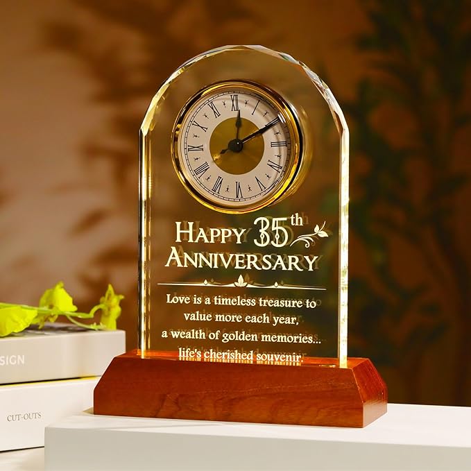 YWHL 35th Wedding Anniversary Clock Gifts for Couple, 35 Years for Wife Husband, Table Clock Glass Presents with Wooden Light Base for HomeDecoration (Battery not Included)