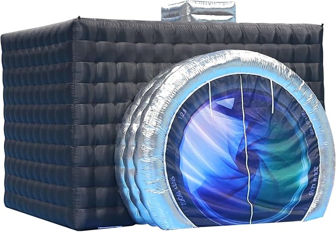 SAYOK Inflatable Photo Booth with Lights, Portable Camera Shaped Cube Tent with Blower, 11.5x9.2x8.2ft (Black&Silver Exterior/White Interior), Backdrop for Wedding Events, Parties, Exhibitions