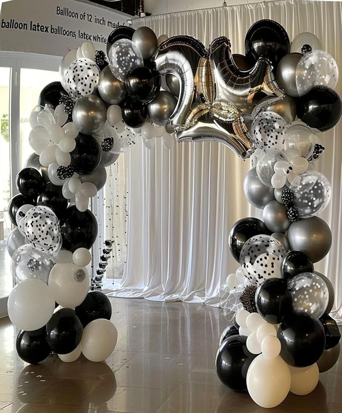 300 Pcs Black Silver Confetti Balloons Set Lncludes 12 inch Black White Silver and Confetti Balloon for Birthday Party Supplies Wedding Graduation Decorations