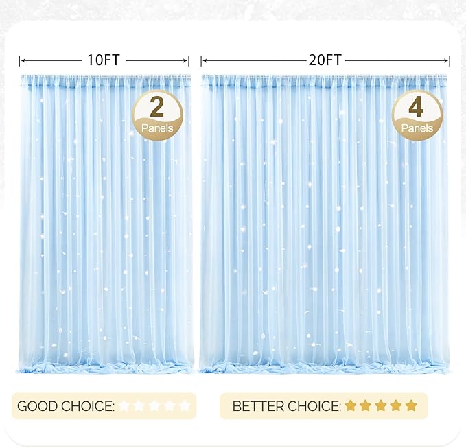 30x10ft Baby Blue Tulle Backdrop Curtain with Lights String for Parites, Sheer Photo Backdrop Curtains with Lights for Wedding Backdrop Ceremony Reception Bridal Shower Baby Shower Birthday Party