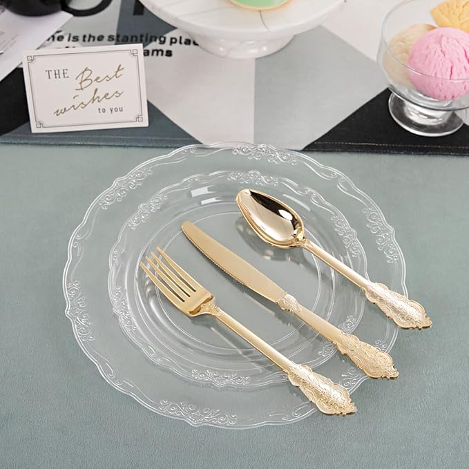 U-QE 100 Pieces Clear Plastic Plates - Clear Disposable Plates - Premium Hard Plastic Plates for Party, Holiday and Party Use Including 50 Dinner 10 '' & 50 Dessert Platos 7.5 ''