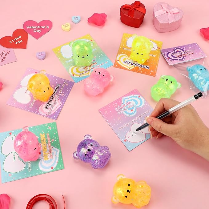 Valentines Day Cards for Kids Classroom, 24Pcs Cute Bear Squishy Toys with Valentine Cards, Valentines Day Gifts for Kids School, Valentine's Day Exchange Gifts Class Exchange Prizes