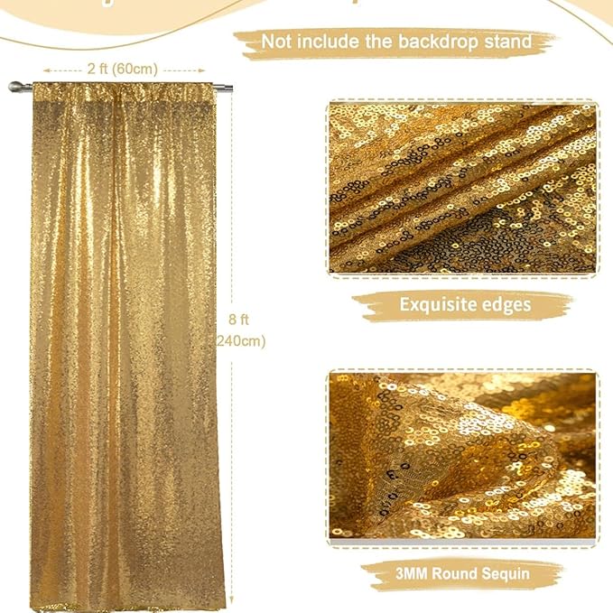 Gold Sequin Backdrop Curtain - 4PCS (2FTx8FT) Glitter Photo Background for Wedding, Christmas, Party, Baby Shower & Stage Decorations (Gold, 2x8ft 4 Panels)