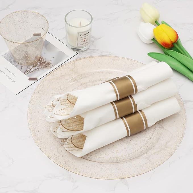 Goodluck 50 Pack Pre Rolled Gold Glitter Plastic Silverware, Wrapped Cutlery Set with Napkin Include 50 Forks, 50 Knives, 50 Spoons and 50 Napkins, Fancy Disposable Silverware for Party, Wedding