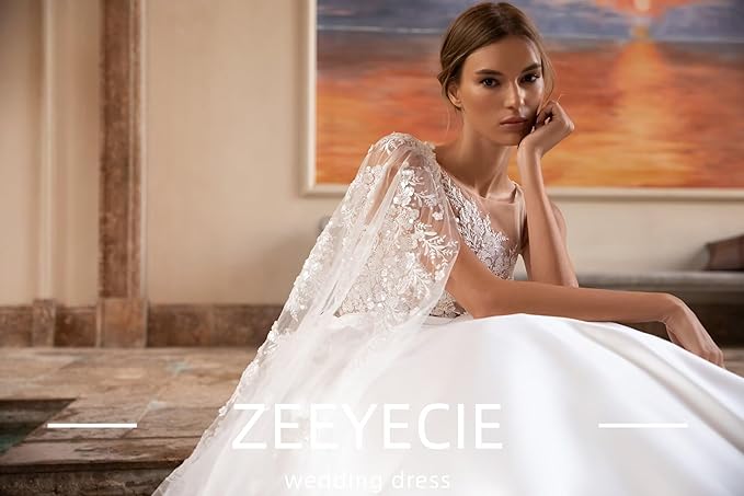 Zeeyecie Ruffle Satin Wedding Dresses 2025 A-Line Crew Neck Lace Applique Sequins Beads Sparkly Bridal Gown with Pockets