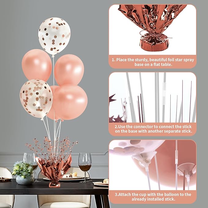 4 Set Rose Gold Table Balloons Foil Spray Centerpiece with Rose Gold and Confetti Balloons Stand Kit for Birthday Party, Baby Shower, Wedding, Bridal Shower, Prom, Cake Table Decorations