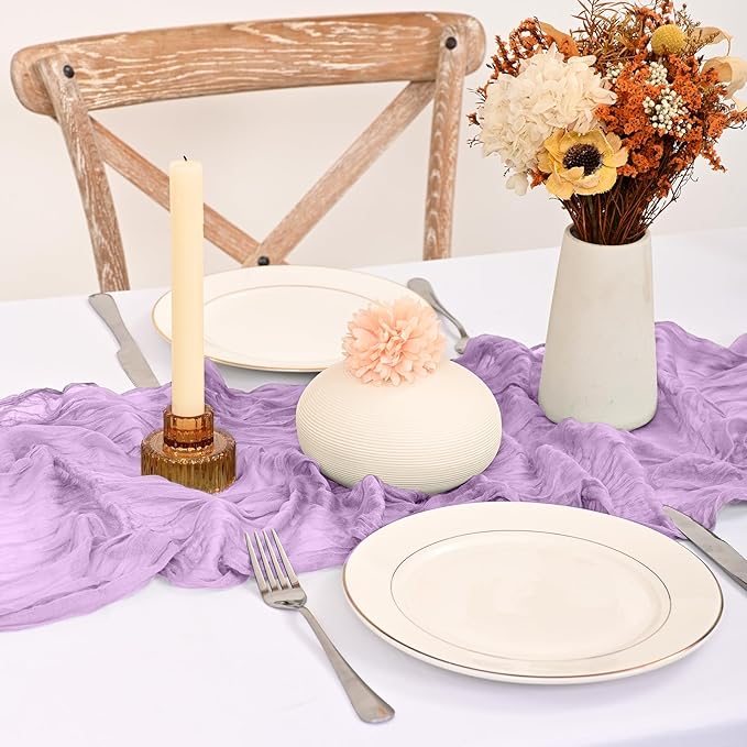 24 Pack Lavender Cheesecloth Table Runner 120 inch Fall Thanksgiving Boho Rustic Gauze Farmhouse 10FT Cheese Cloth Runner for Baby Shower Wedding Party Holiday Home Decor