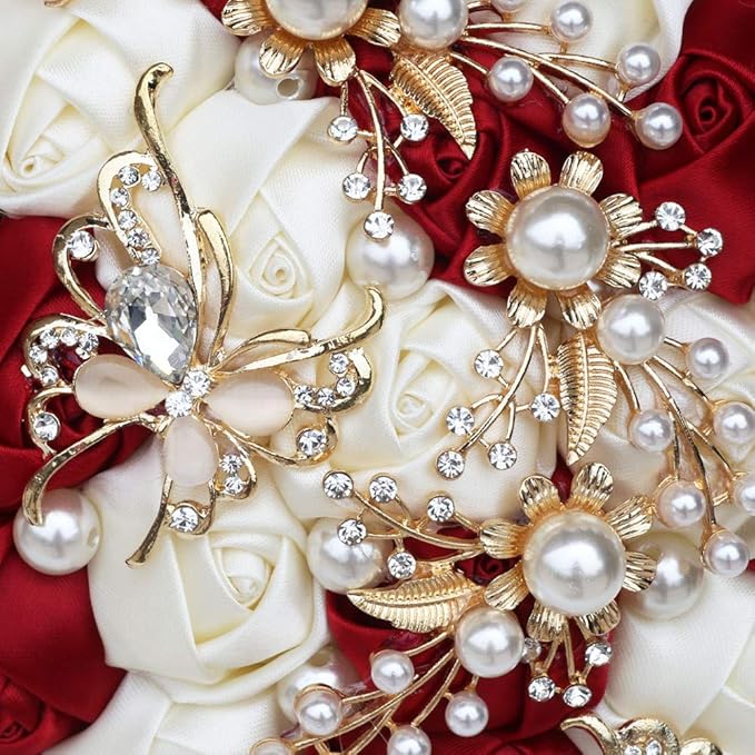 Handmade Wedding Bride Bridesmaid Bridal Bouquet Rose Holding Toss Artificial Flowers Bouquets with Satin Ribbon Pearls Rhinestone for Wedding Celebration Valentine’s Day Parties Bouquet Decor