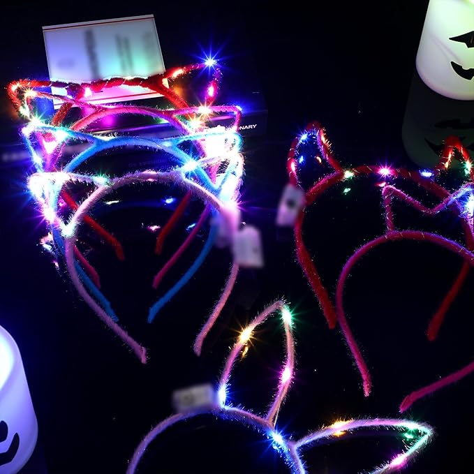 Xinnun 64 Pieces Light up Cat Ears Headband Bunny LED Glow in Dark Cat Animals Ears Hairband Valentine's Day Mardi Gras Carnival Supplies for Adult Birthday Rave Favor