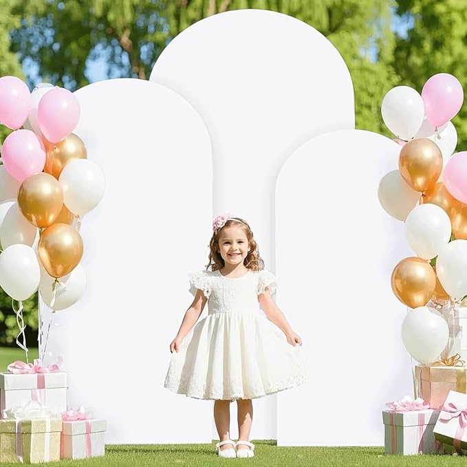 Set of 3 Metal Backdrop Stand with White Spandex Wedding Arch Cover 6FT 5FT 4FT Balloon Arch Stand Frame for Birthday Party Bridal Baby Shower Reception Garden Decorations