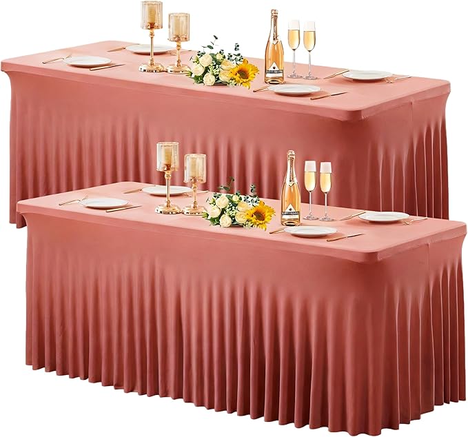 Wish Care 2 Pack Dusty Rose Spandex Table Clothes for 4 Foot Rectangle Tables, 4FT Wrinkle Free Fitted Tablecloths Ruffles Design Table Cloth for Party, Banquet, Wedding and Events