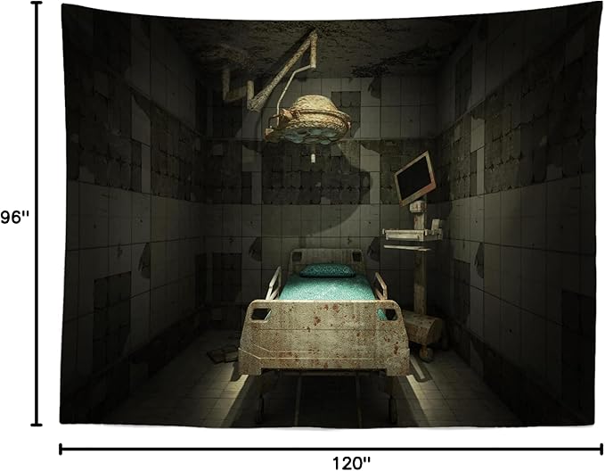 CORFOTO Fabric Creepy Abandoned Operating Room Backdrop Spooky Horror Hospital Interior Background Sickbed Bloody Murder Crime Party Decorations Kids Adults Halloween Party Banner Photo Props