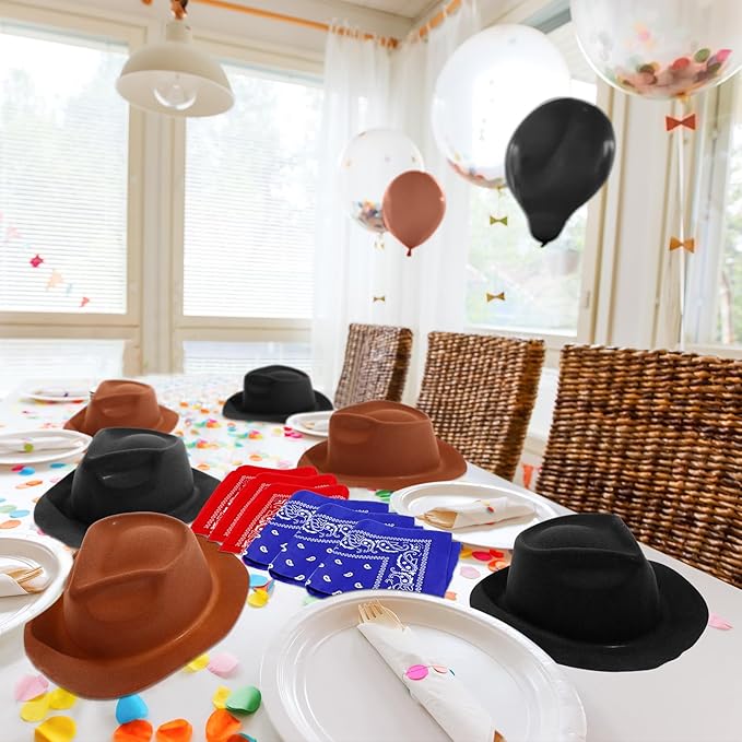 Hillban 72 Pcs Western Cowboy Hat and Paisley Bandana Set for Kids Felt Cowboy Party Hats for Costume Party Favors(Black, Brown)