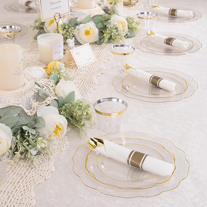 NOCCUR 50Guest Gold Rim Clear Plastic Plates&Disposable Silverware Cups-Include 100Plastic Plates, 150Gold Utensils, 50Cups and 50Napkins-Idea for Wedding/Party