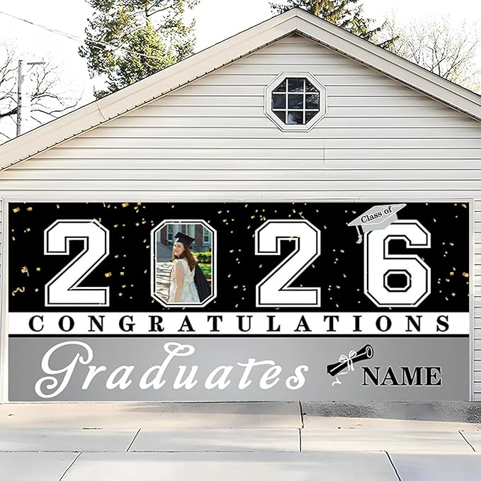 Custom Graduation Garage Door Banner Decoration 7x16ft with Photo Congrats Garage Door Cover 2026 Party Photo Booth Backdrop Party Supplies(Silver)