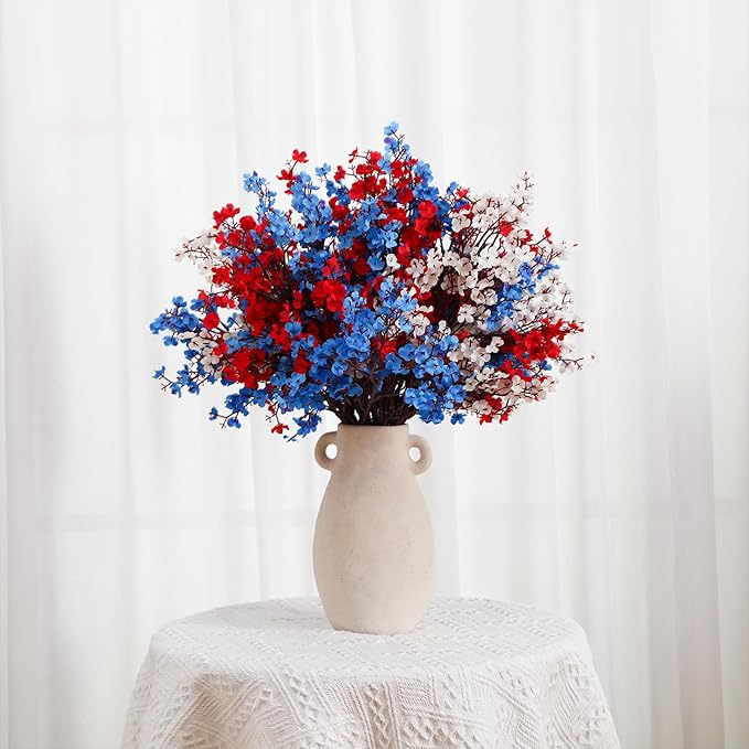 Lyrow 24 Pcs Red Blue White Artificial Flowers Patriotic Table Centerpieces Decoration Fake Babys Breath Picks Stems Floral Arrangement for 4th of July Veterans Independence Memorial Day Home Outdoor
