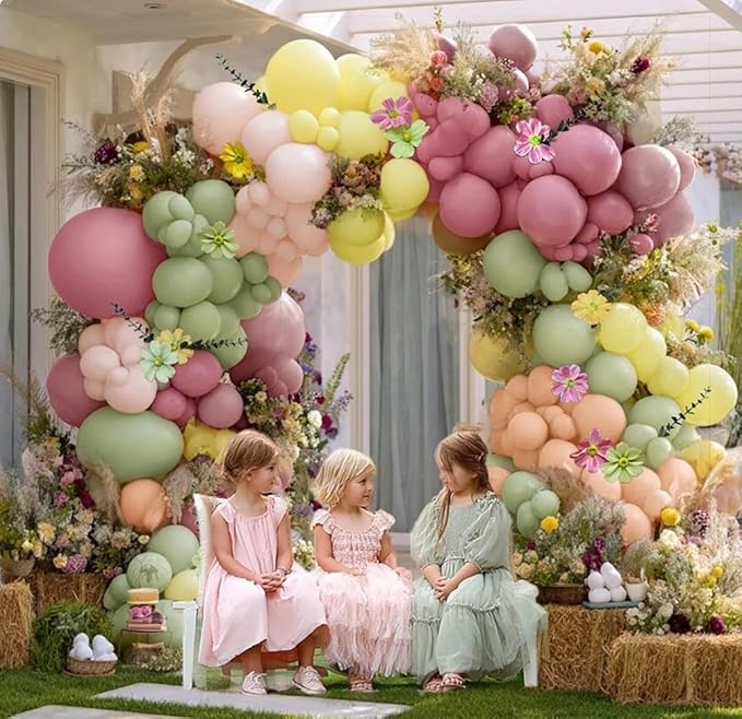 Dusty Green Pink Yellow Balloon Arch Artificial Flower Leaves Double Stuffed Pastel Green Pink Peach Mauve Balloon Garland Kit for Birthday Baby Shower Wedding Fairy Flower Easter Tea Party Decor
