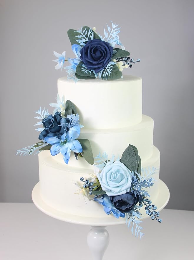 Rinlong 3Pcs Pre-made Cake Flowers Navy Blue Cake Decorations Wedding Cake Decorating Flowers Decor Birthday Baptism Party Artificial Flowers Cake Toppers